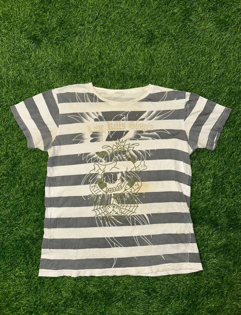 Ed Hardy Love Kills Slowly Striped T-Shirt women’s size large